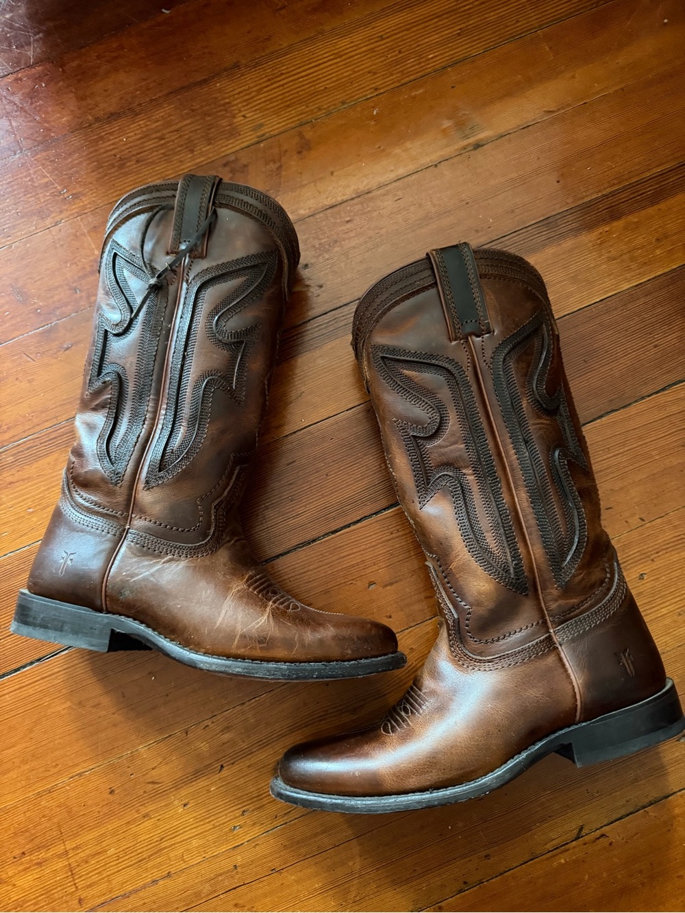 Frye Cowboy Boots Brown Leather Western Boots with Decorative Stitching